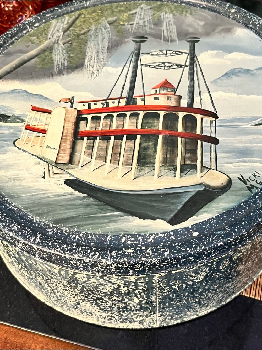 Hand Painted Steam River Boat Painting Signed Art Round Spatter Ware Tin